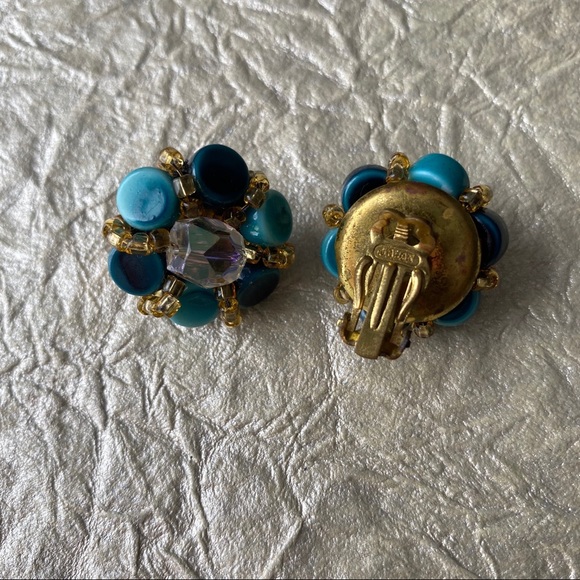 Vintage Japan Teal & Yellow Clip On Earrings - Picture 5 of 6
